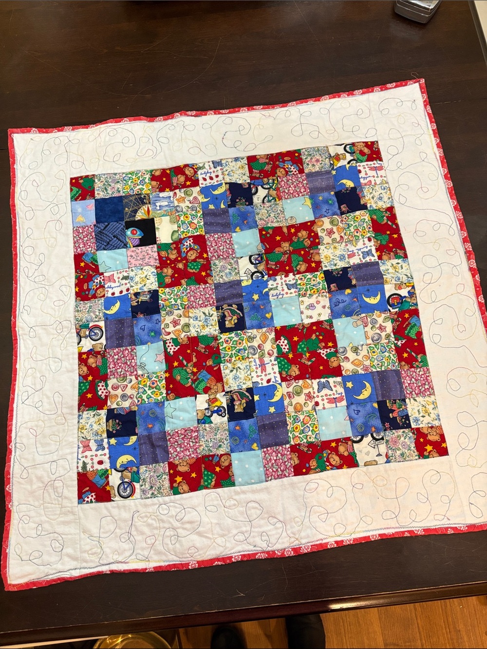 Handmade Multicolor Patchwork Baby Quilt - Red Border